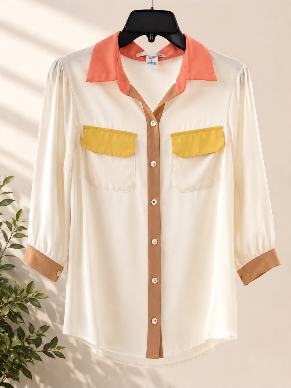 Ellison Coral, Cream & Yellow Colorblock Button-Front Top